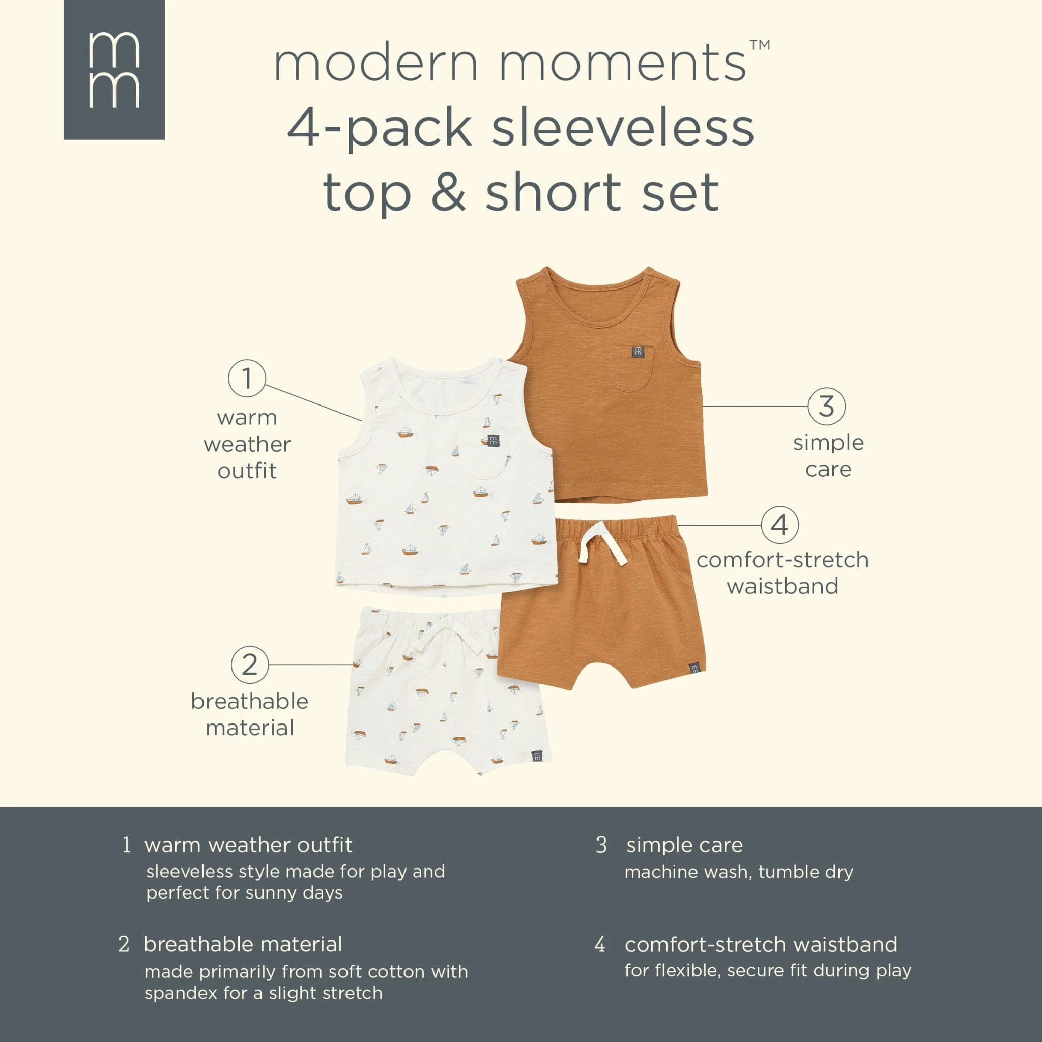 4-Piece Baby Boys Ivory Sailboats Sleeveless Shirts and Shorts Set - Image 9
