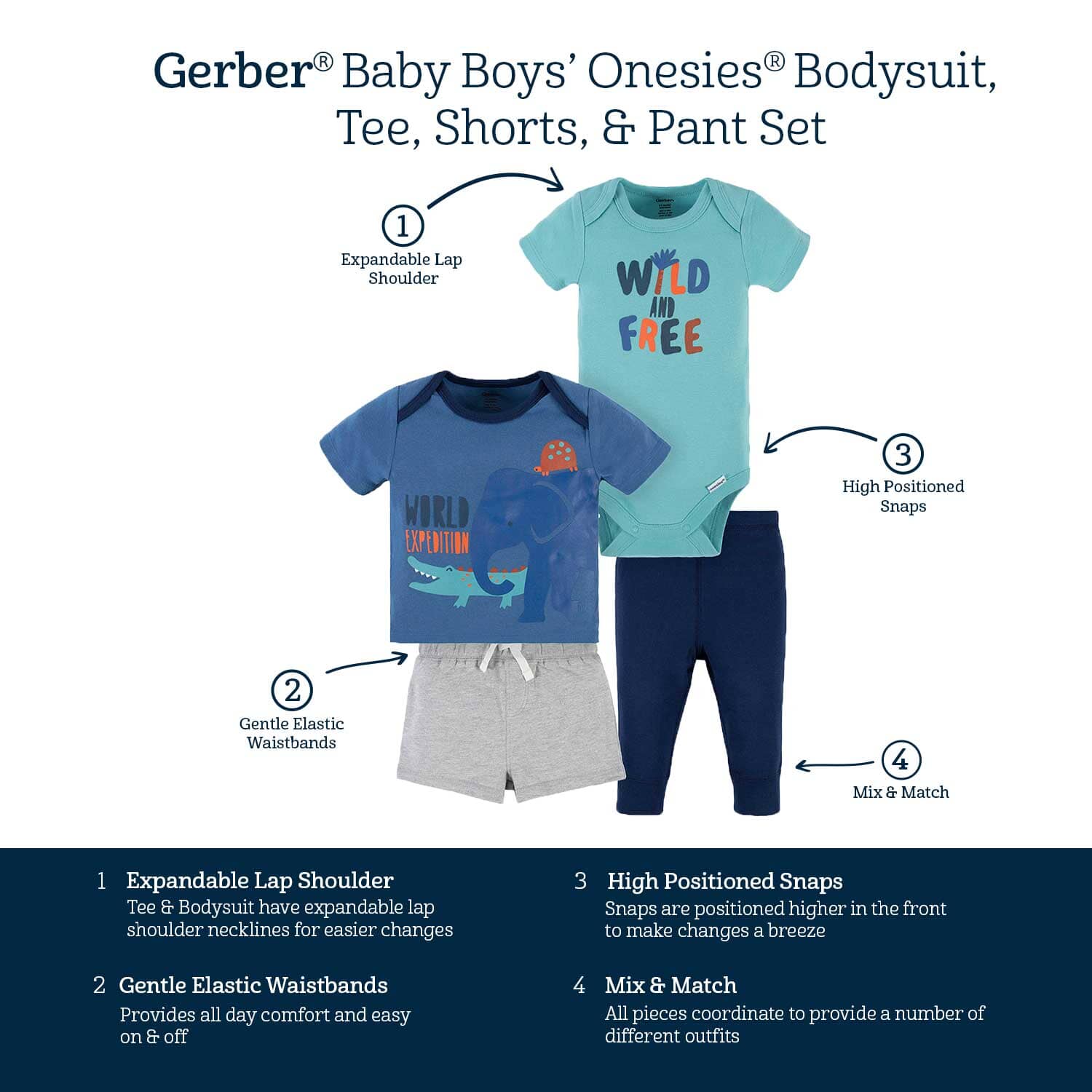 4-Piece Baby Boys Wild & Free Onesies® Bodysuit, Tee, Shorts & Pant Set, Newborn - Image 8