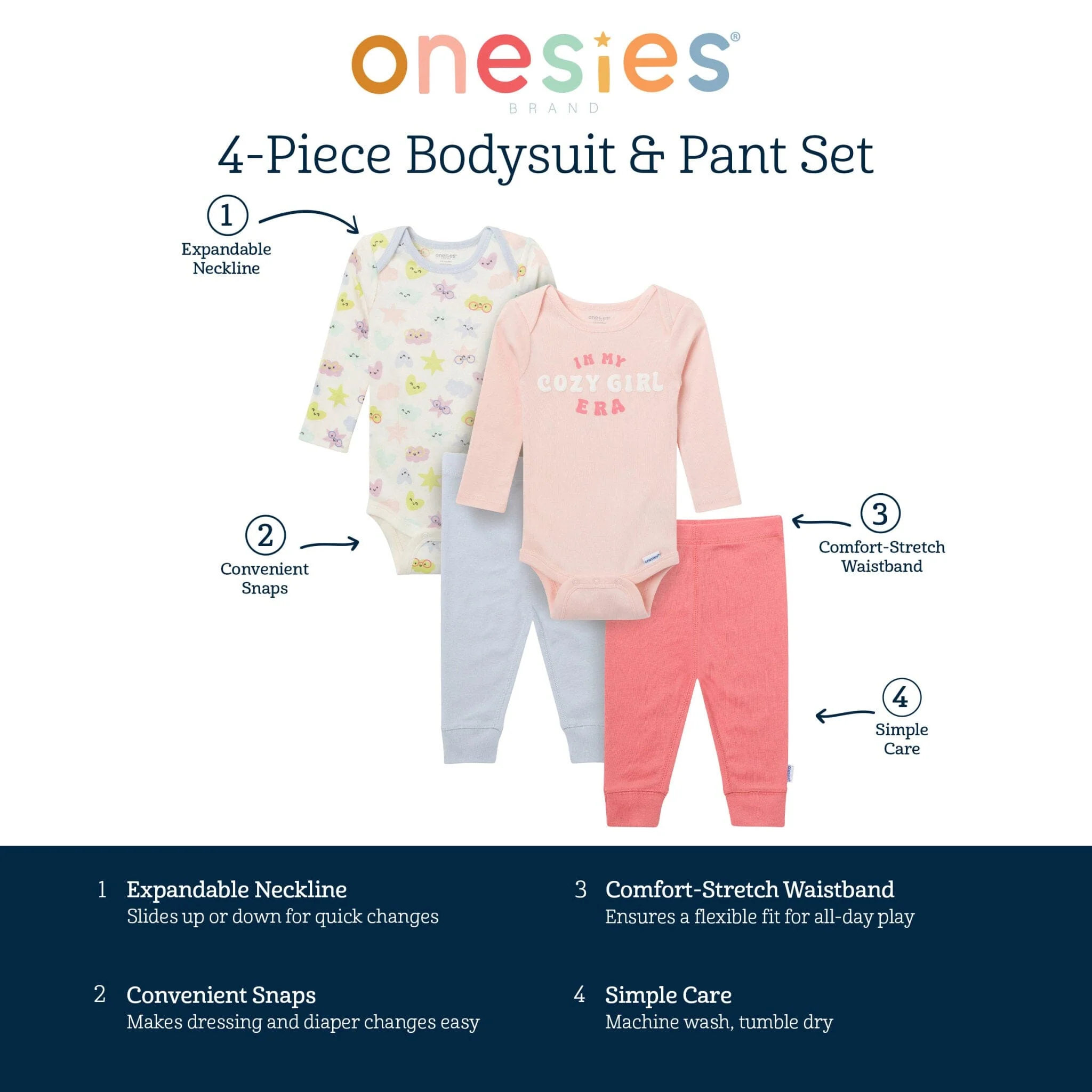 4-Piece Baby Girls Cozy Girl Onesies® Bodysuits and Pants - Image 6