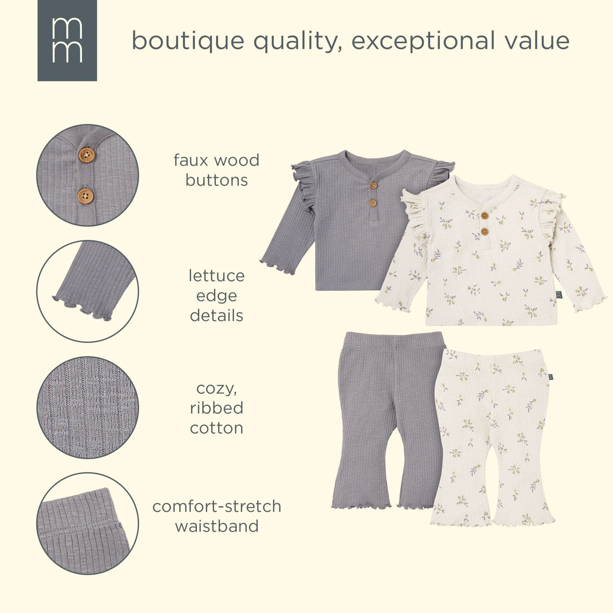 4-Piece Baby Girls Pear Henley Ruffle Tops and Pants Set - Image 10