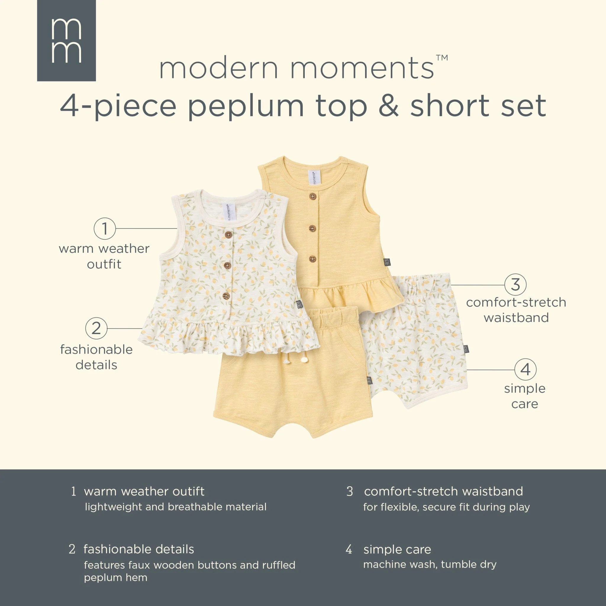 4-Piece Baby Girls Lemon Vines Sleeveless Peplum Tops and Shorts Set - Image 12