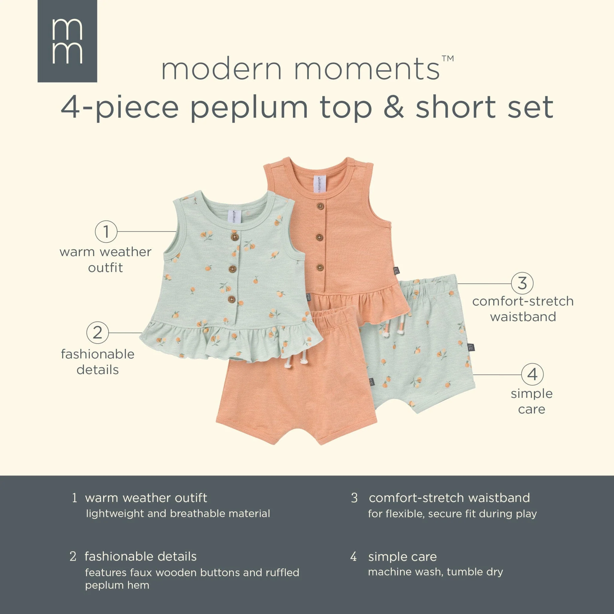 4-Piece Baby Girls Light Sky Oranges Sleeveless Peplum Tops and Shorts Set - Image 12