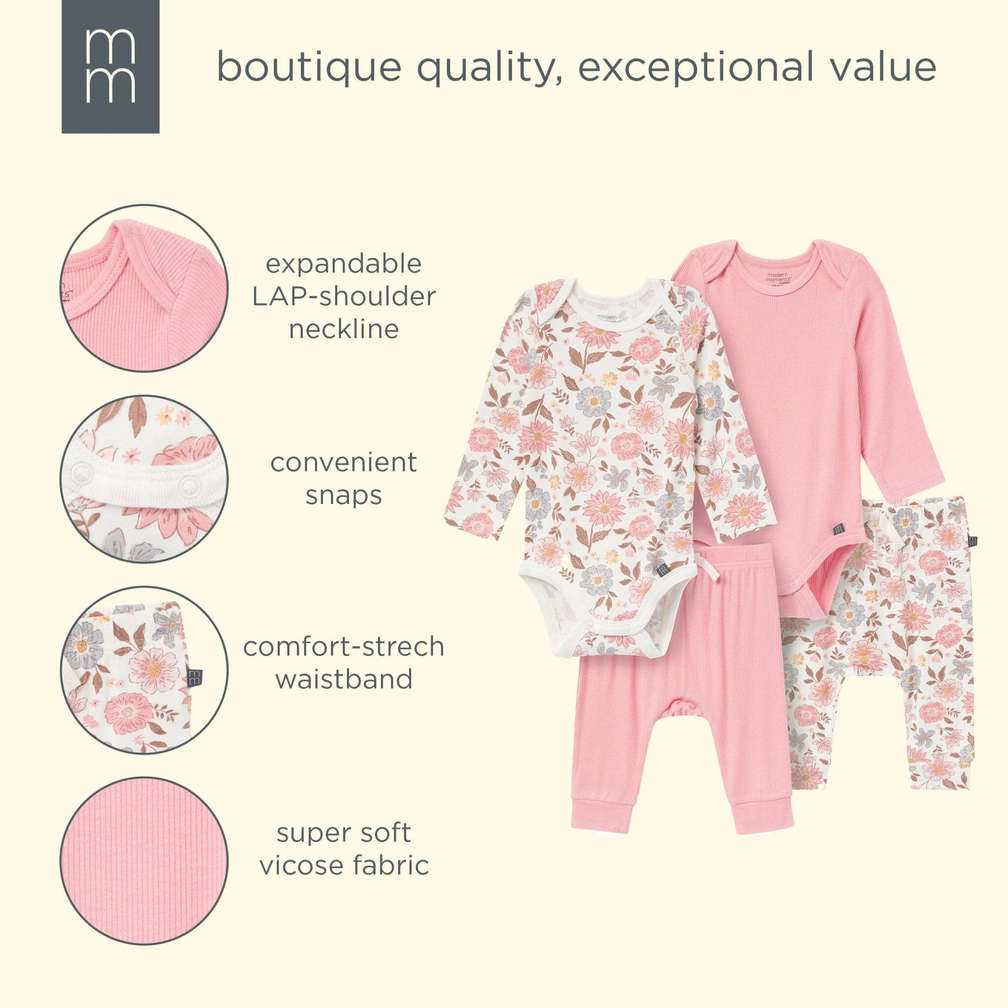 4-Piece Baby Girls Peach Floral Viscose Bodysuits and Pants Set - Image 10
