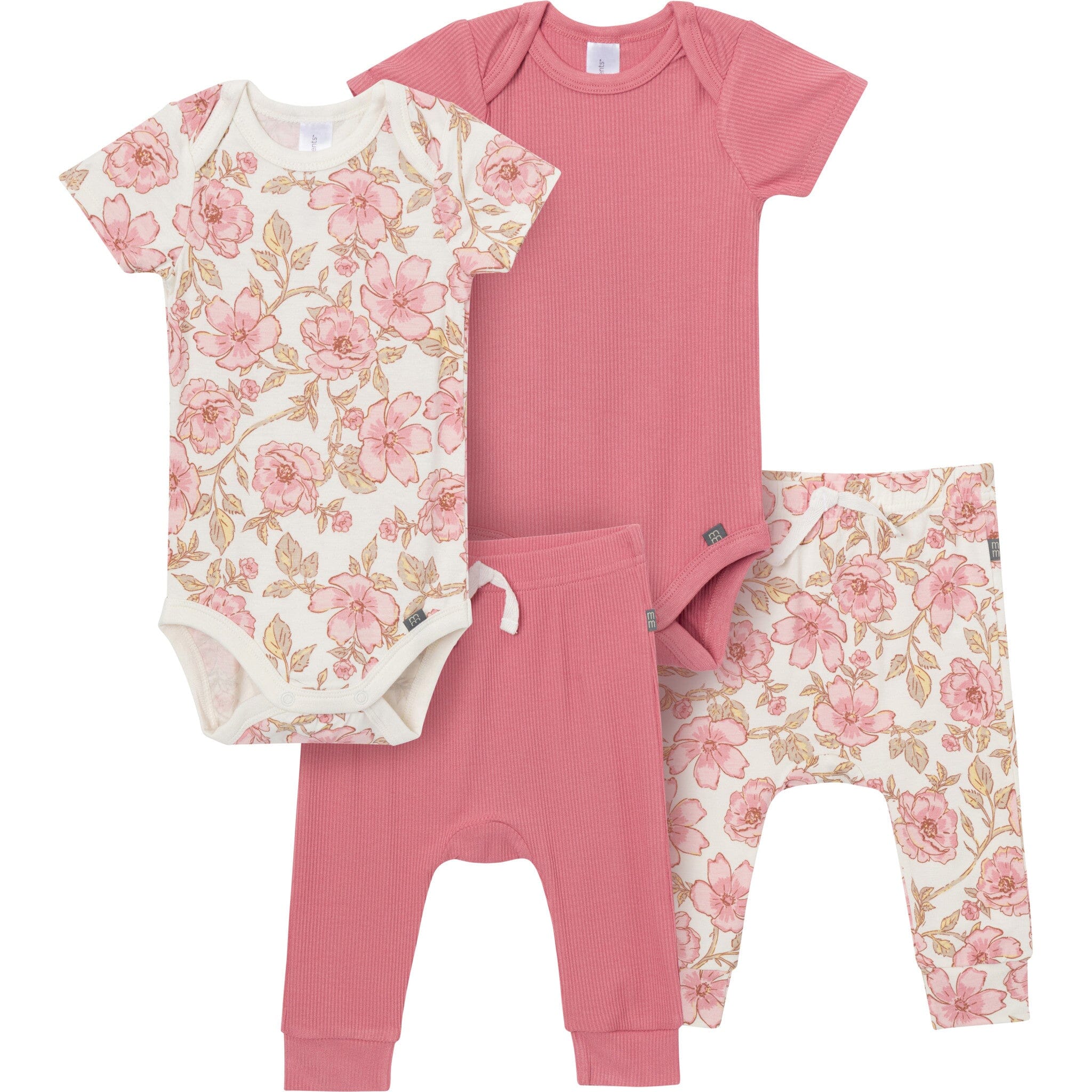 4-Piece Baby Girls Pink Flower Bodysuits and Pants Viscose Set