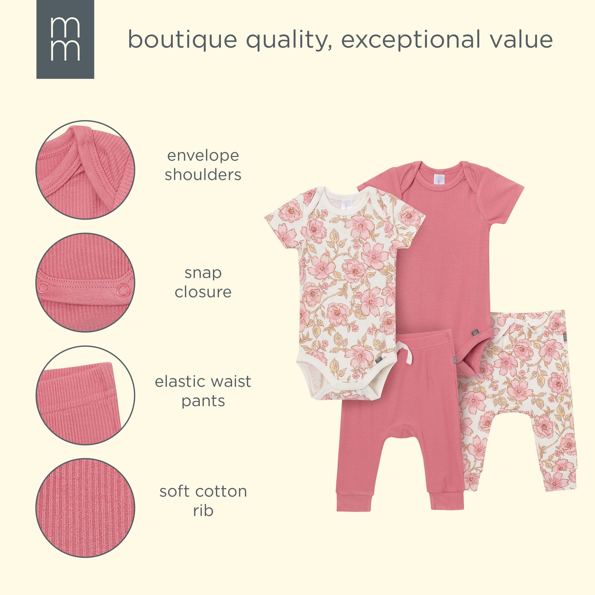 4-Piece Baby Girls Pink Flower Bodysuits and Pants Viscose Set - Image 12