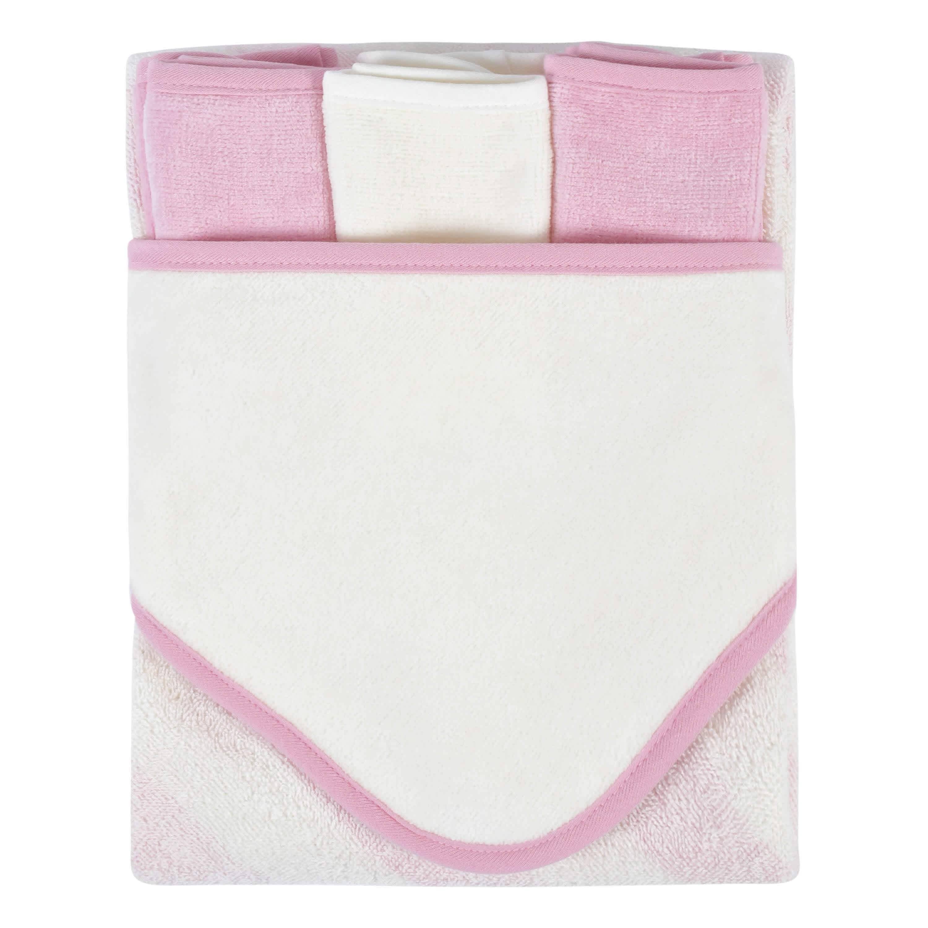 Embroidered 4-Piece Girls Striped Pink Hooded Towel & Washcloths Set - Image 5