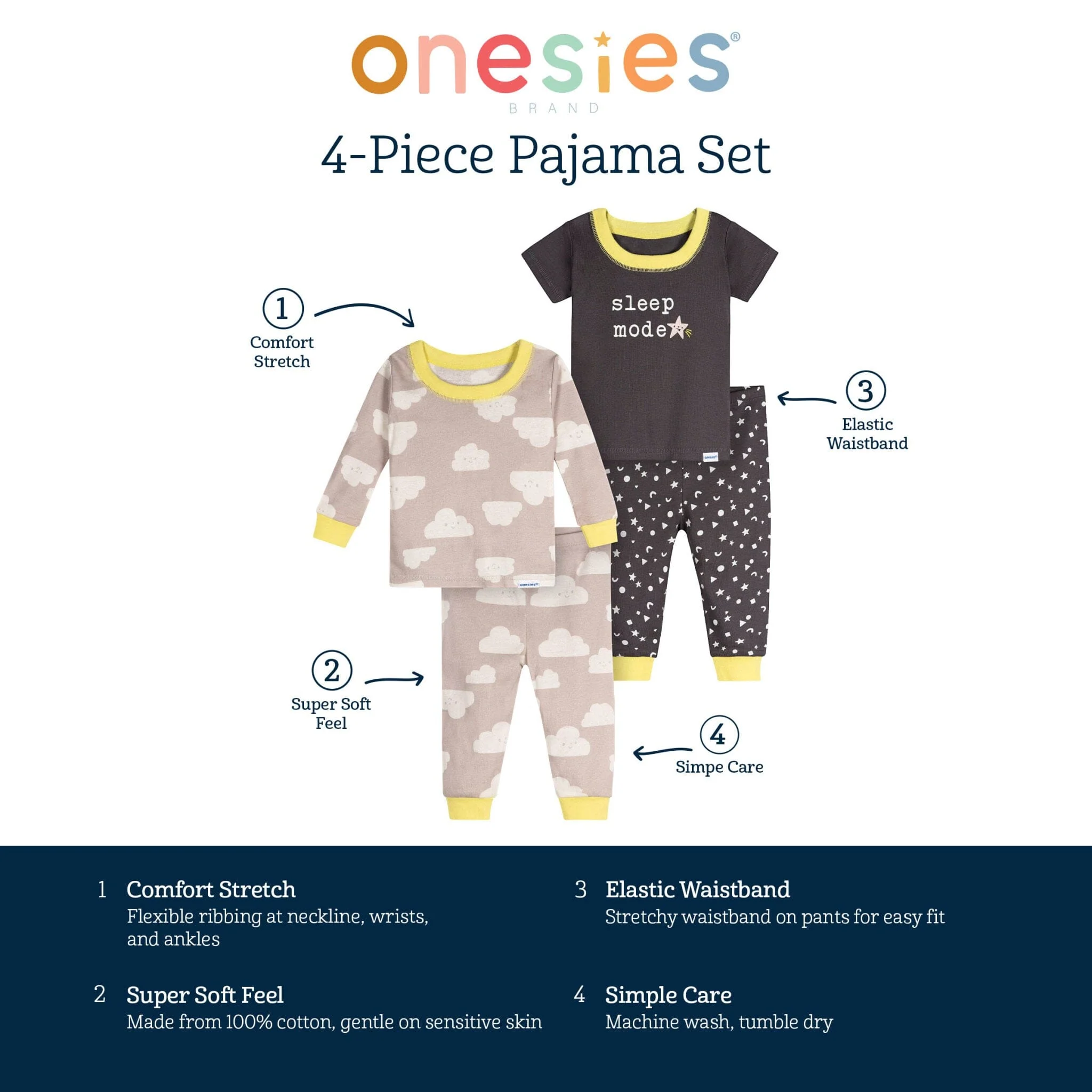 4-Piece Baby Neutral Clouds Pajamas Sets - Image 7
