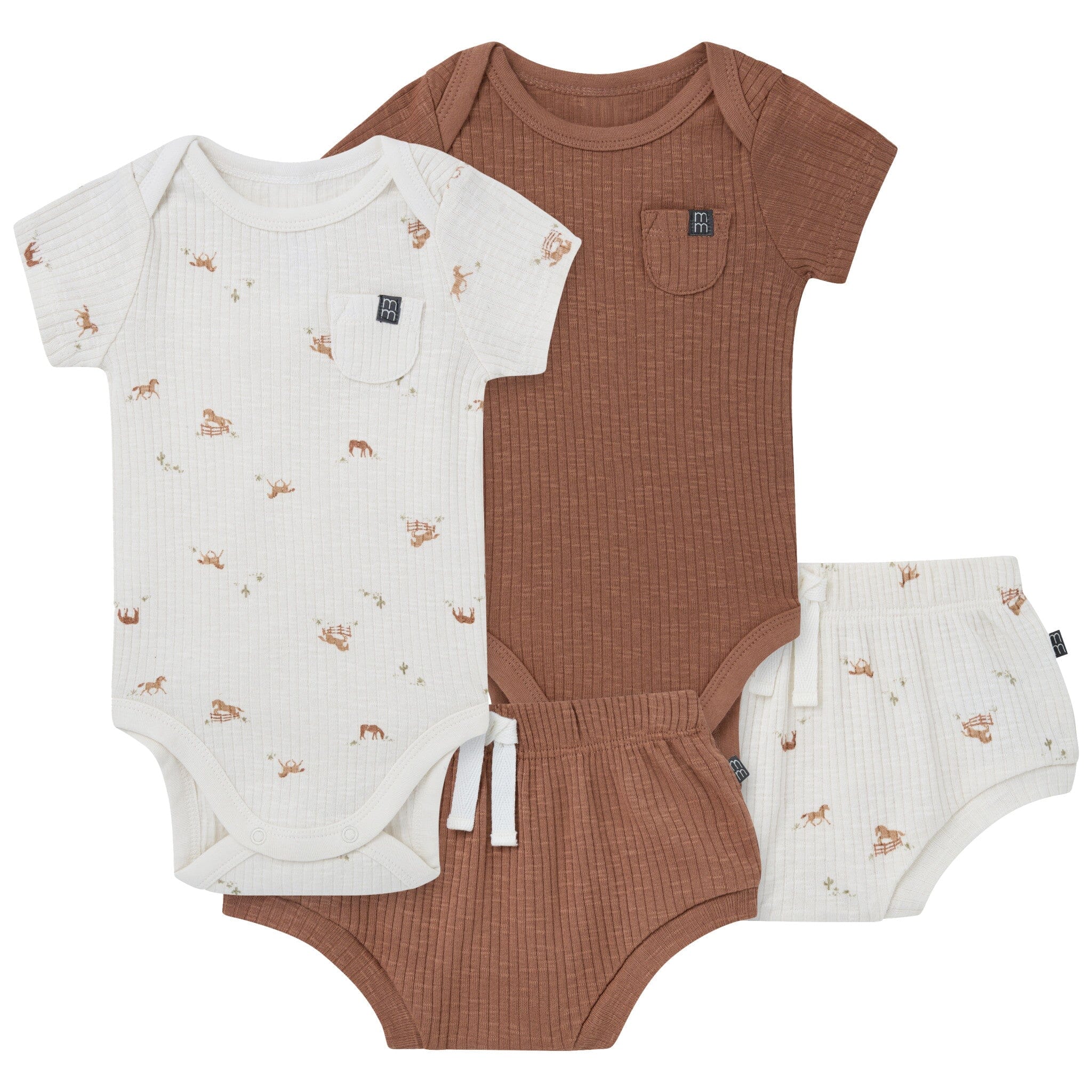 4-Piece Baby Neutral Horse Barn Short Sleeve Bodysuits and Shorts Set