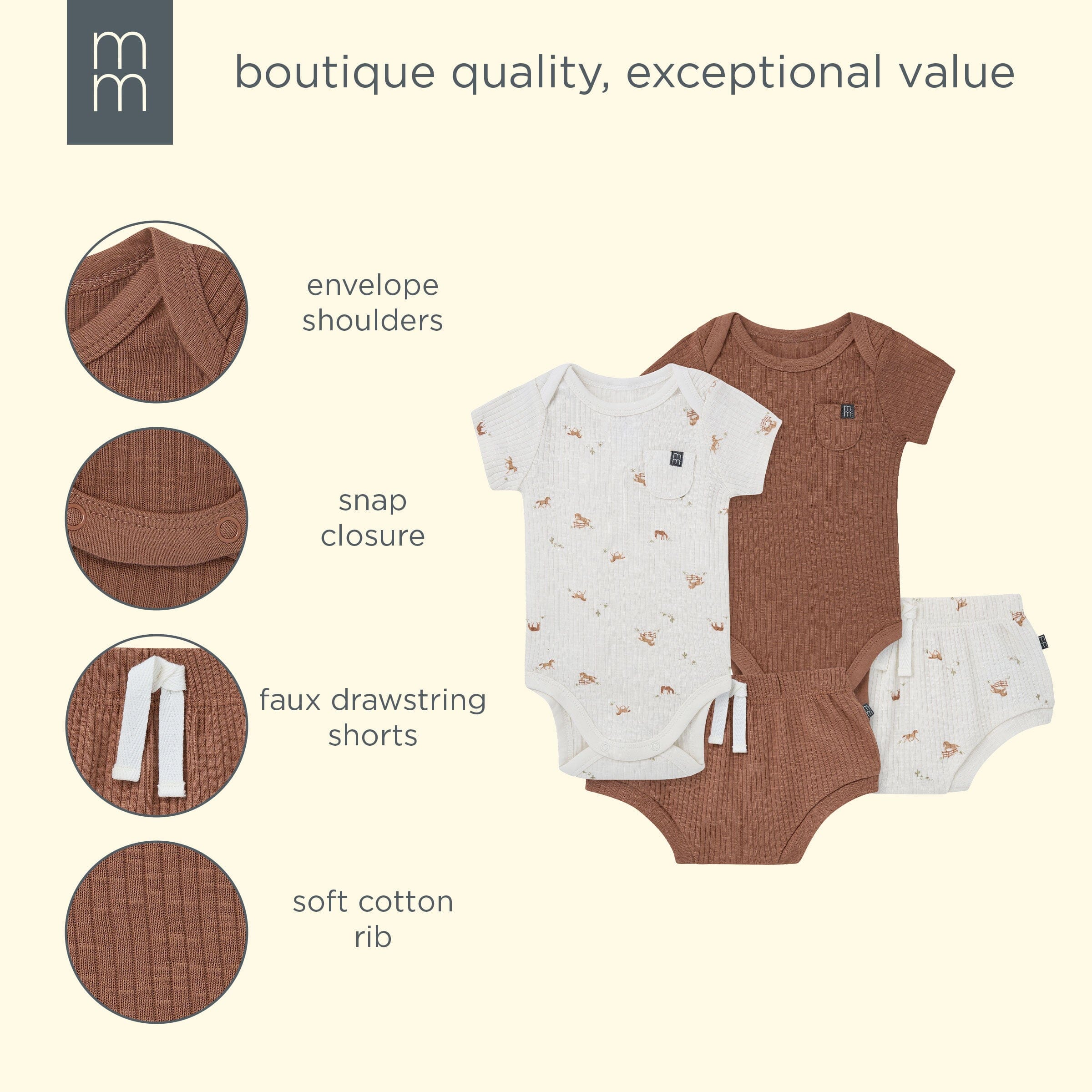 4-Piece Baby Neutral Horse Barn Short Sleeve Bodysuits and Shorts Set - Image 18