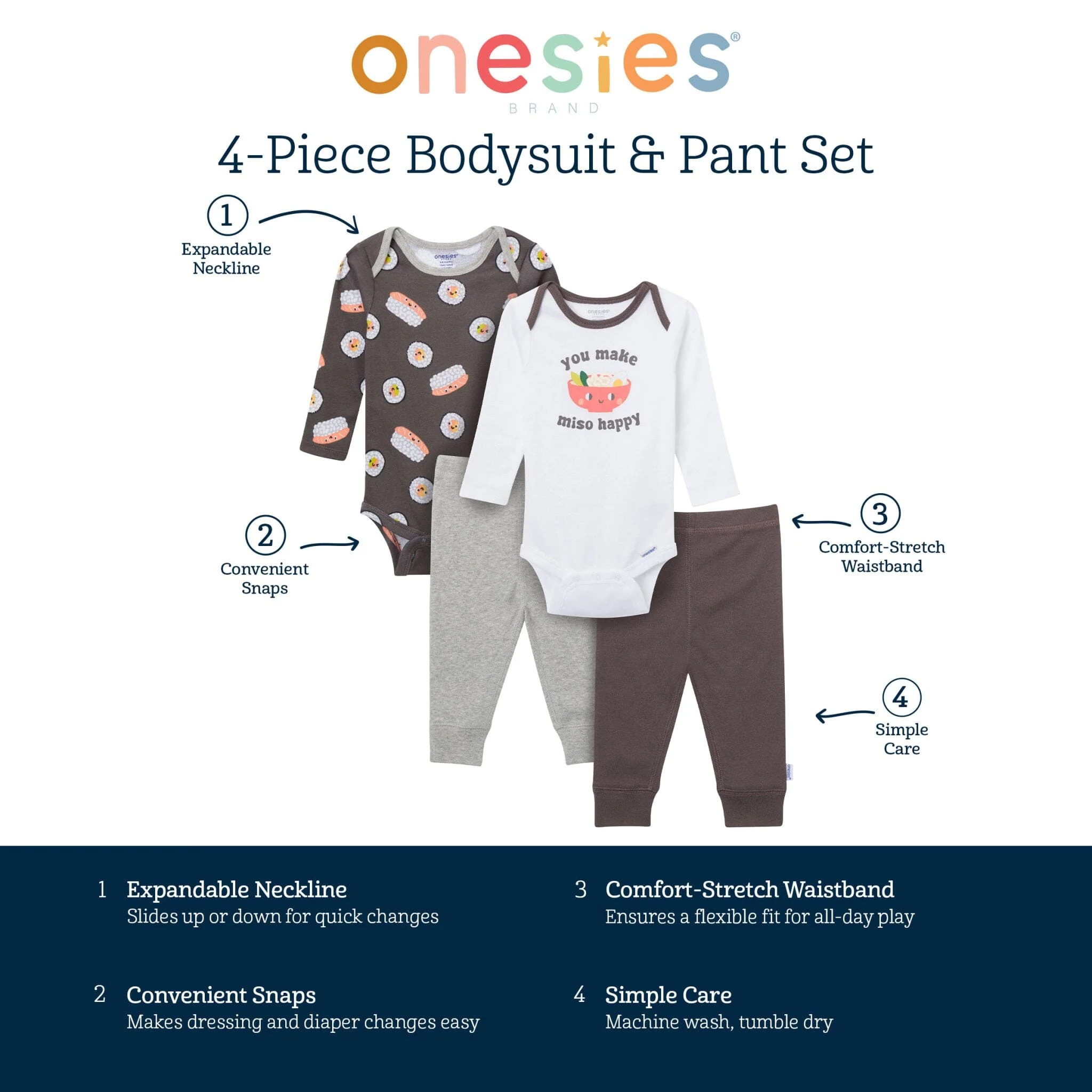 4-Piece Baby Neutral Miso Happy Onesies® Bodysuits and Pants - Image 8