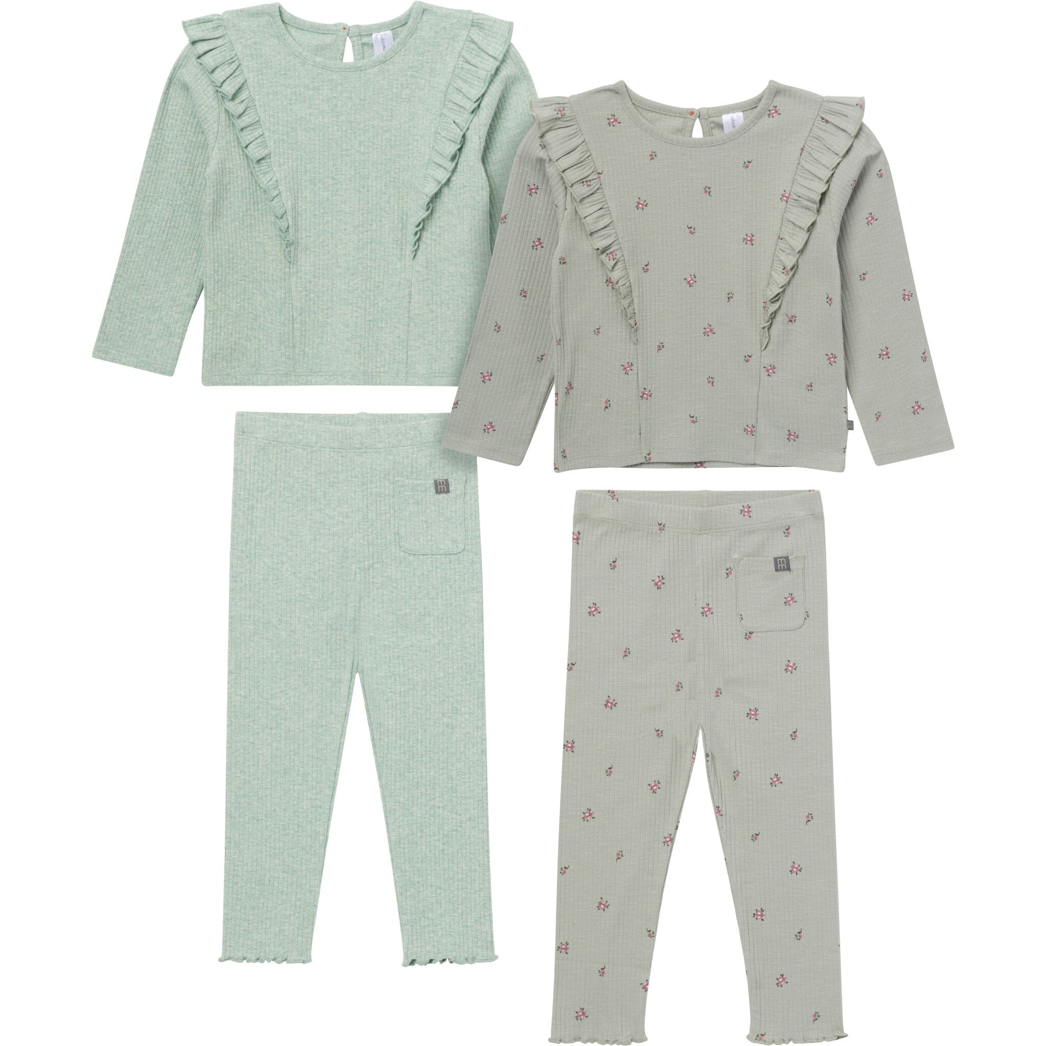 4-Piece Girls Green Floral Ruffle Tops and Leggings Set
