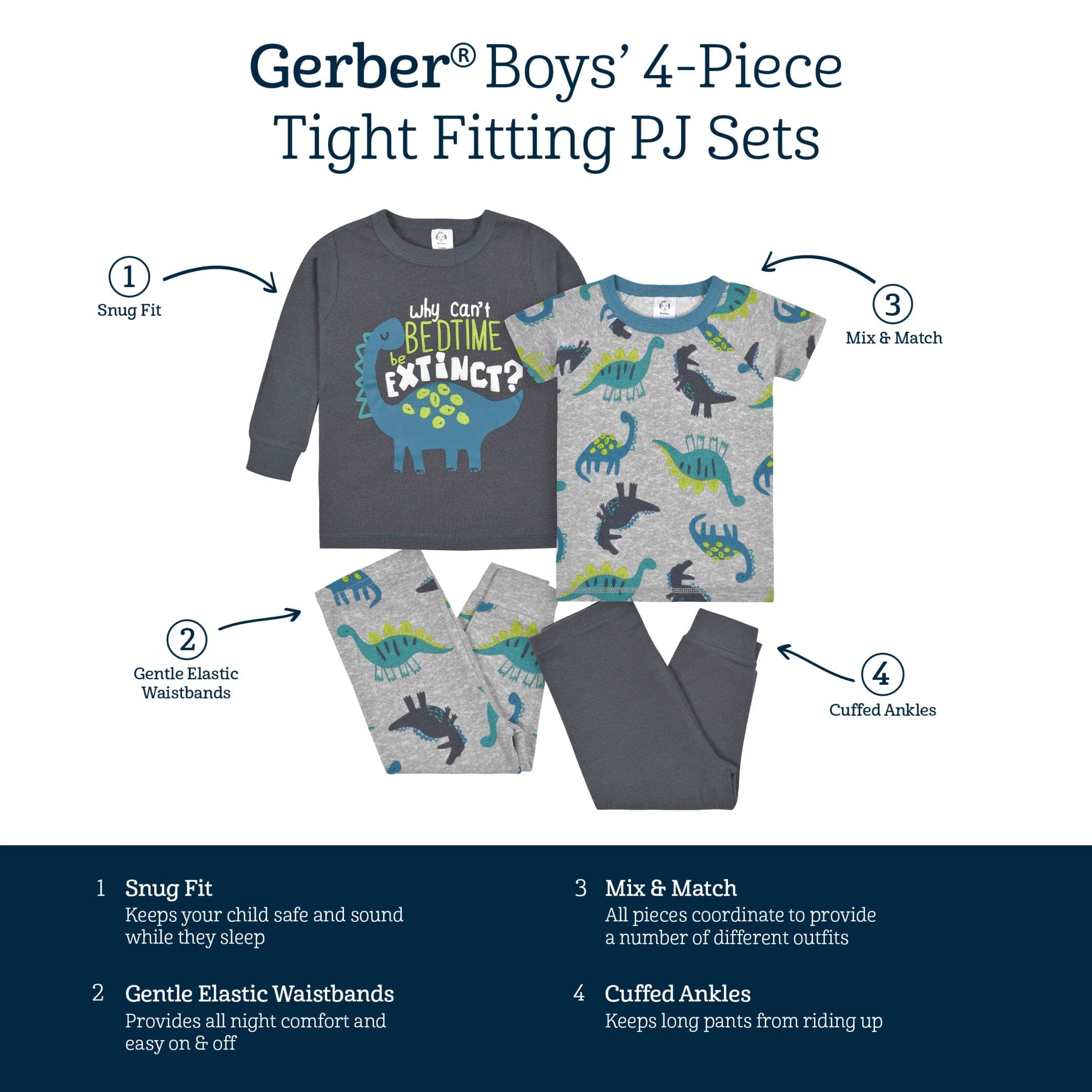 4-Piece Infant & Toddler Boys Big Dino Snug Fit Cotton Pajamas - Image 9