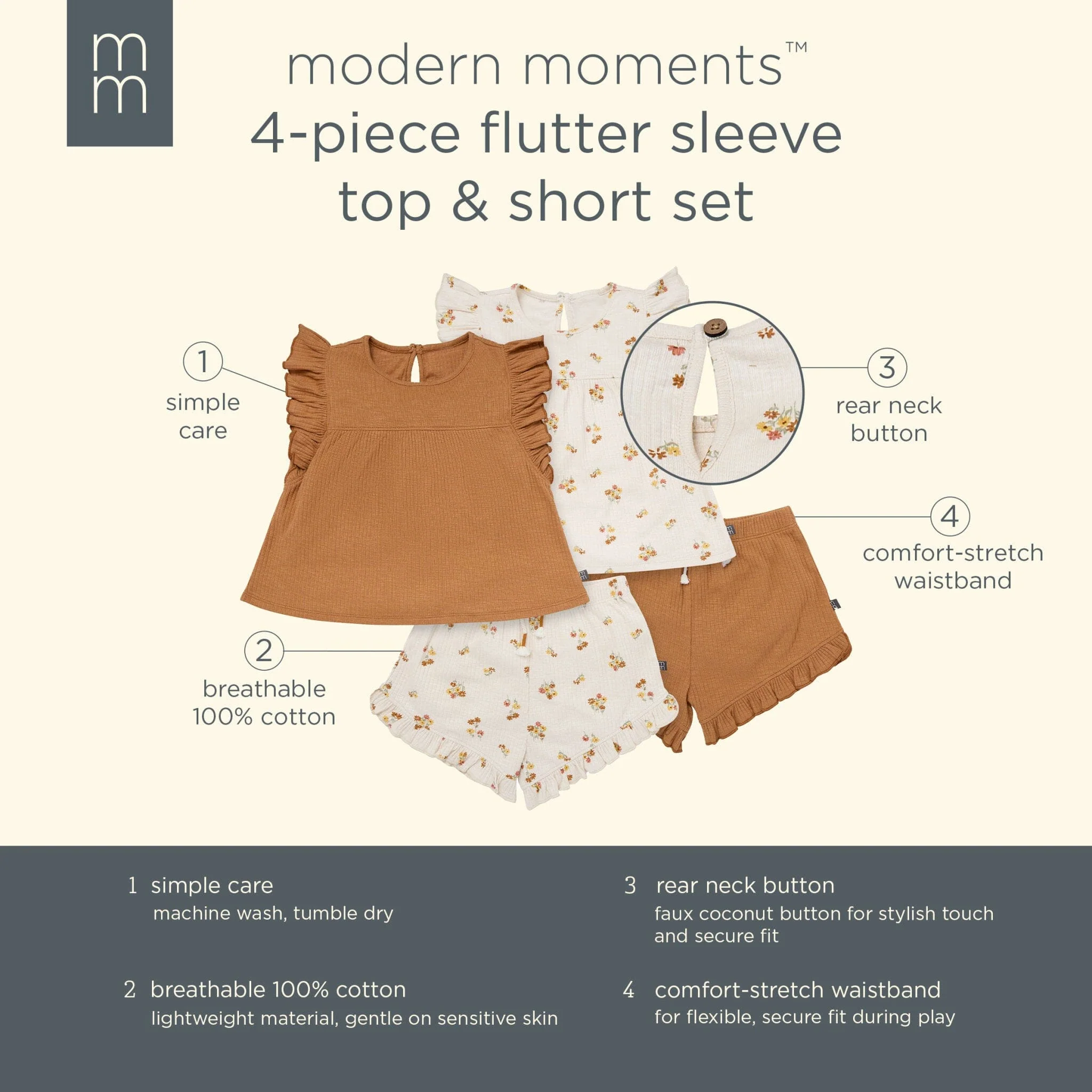 4-Piece Infant & Toddler Girls Beige Flowers Flutter Sleeve Tops and Shorts Set - Image 11
