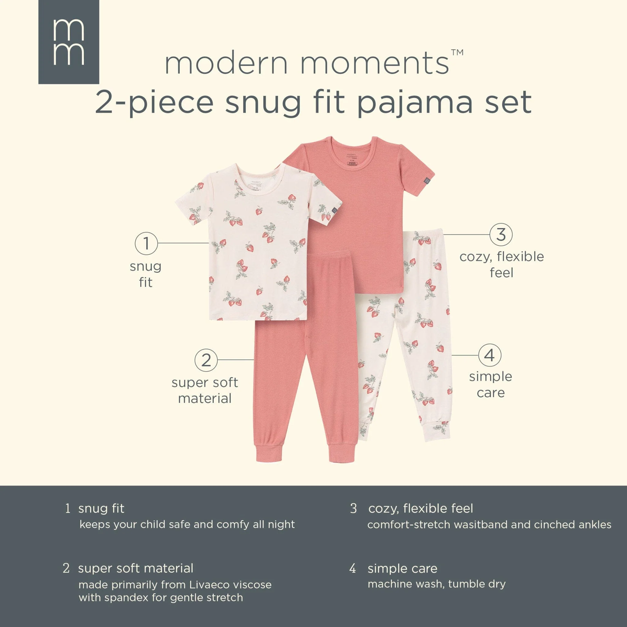 4-Piece Infant & Toddler Girls Rose Strawberry Viscose Snug Fitting Pajamas - Image 11