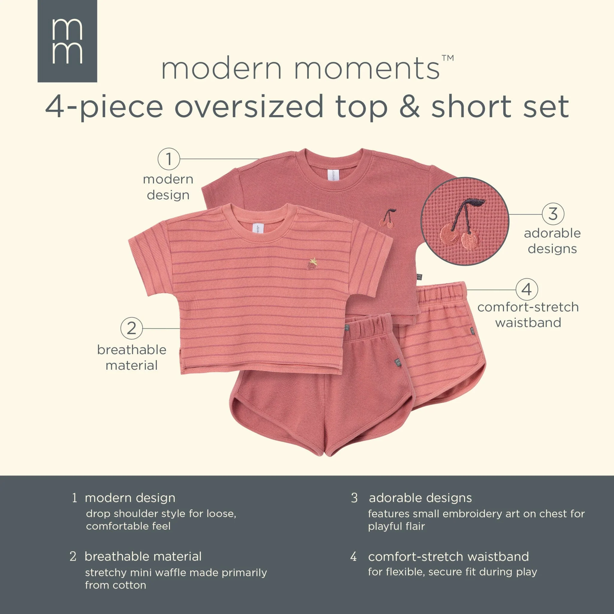 4-Piece Infant & Toddler Girls Rose Stripe Drop Shoulder Crop Tops and Shorts Set - Image 11