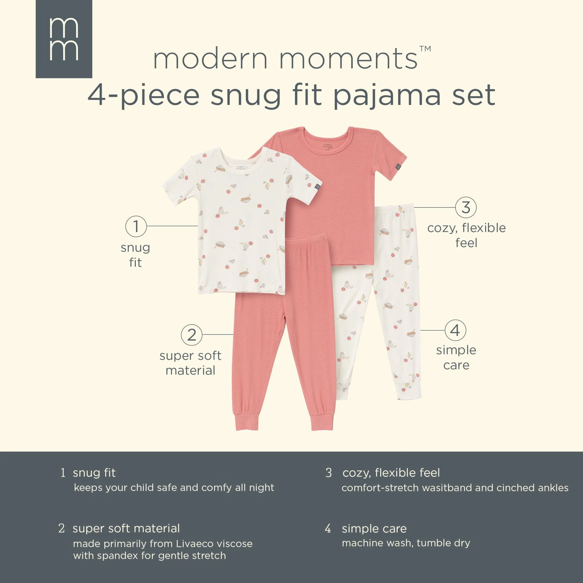 4-Piece Infant & Toddler Neutral Pasta Dinner Viscose Snug Fitting Pajamas - Image 11