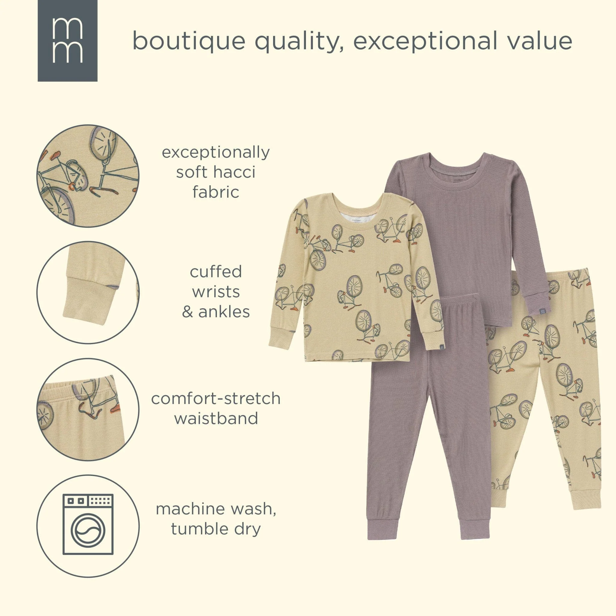4-Piece Boys Olive Grey Bicycle Viscose Snug Fit Pajama Set - Image 10