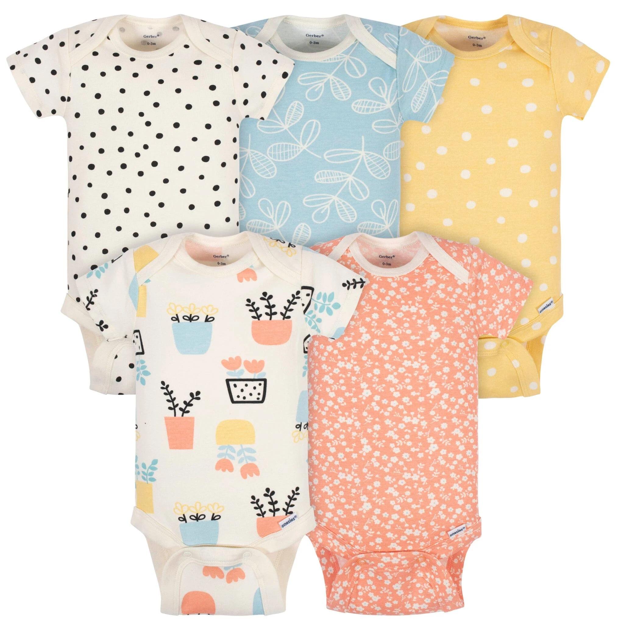 5-Pack Baby Girls Comfy Stretch Flower Pot Short Sleeve OnesiesĀ® Bodysuits
