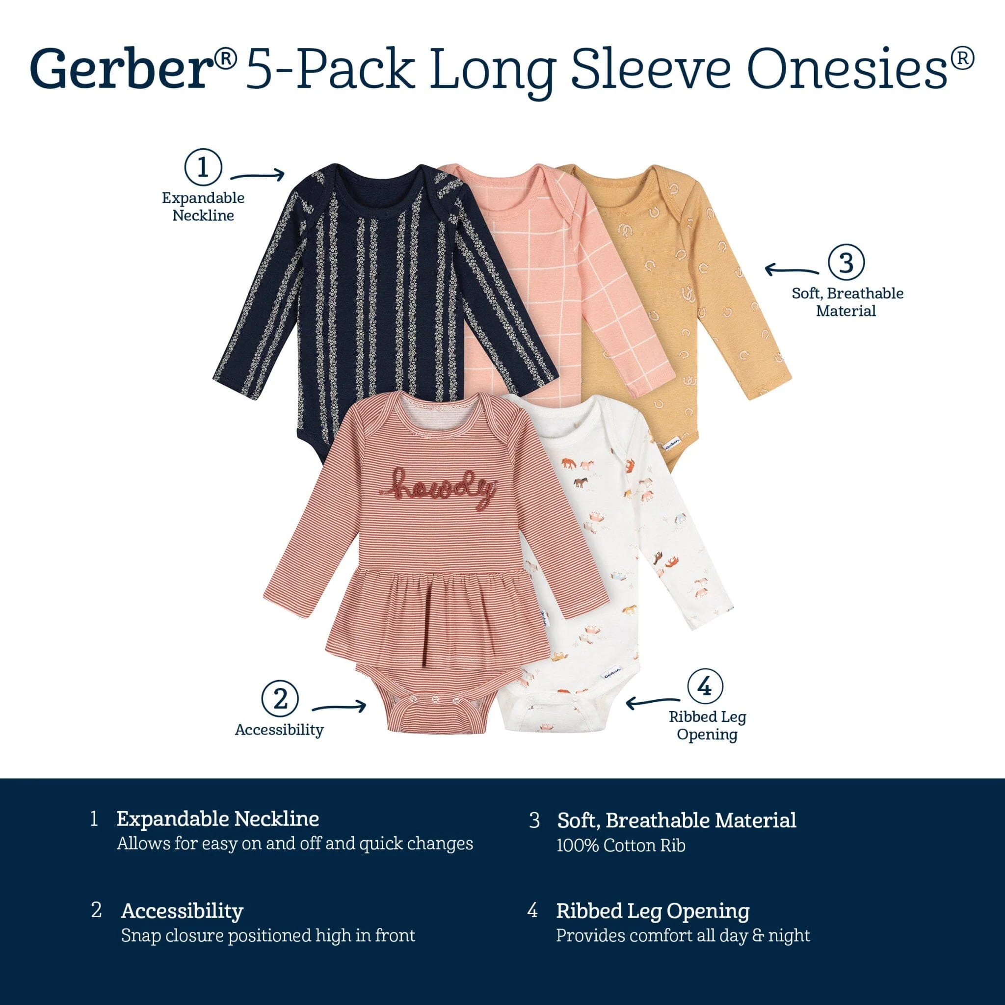 5-Pack Baby Girls Horses Long Sleeve Bodysuits - Image 8