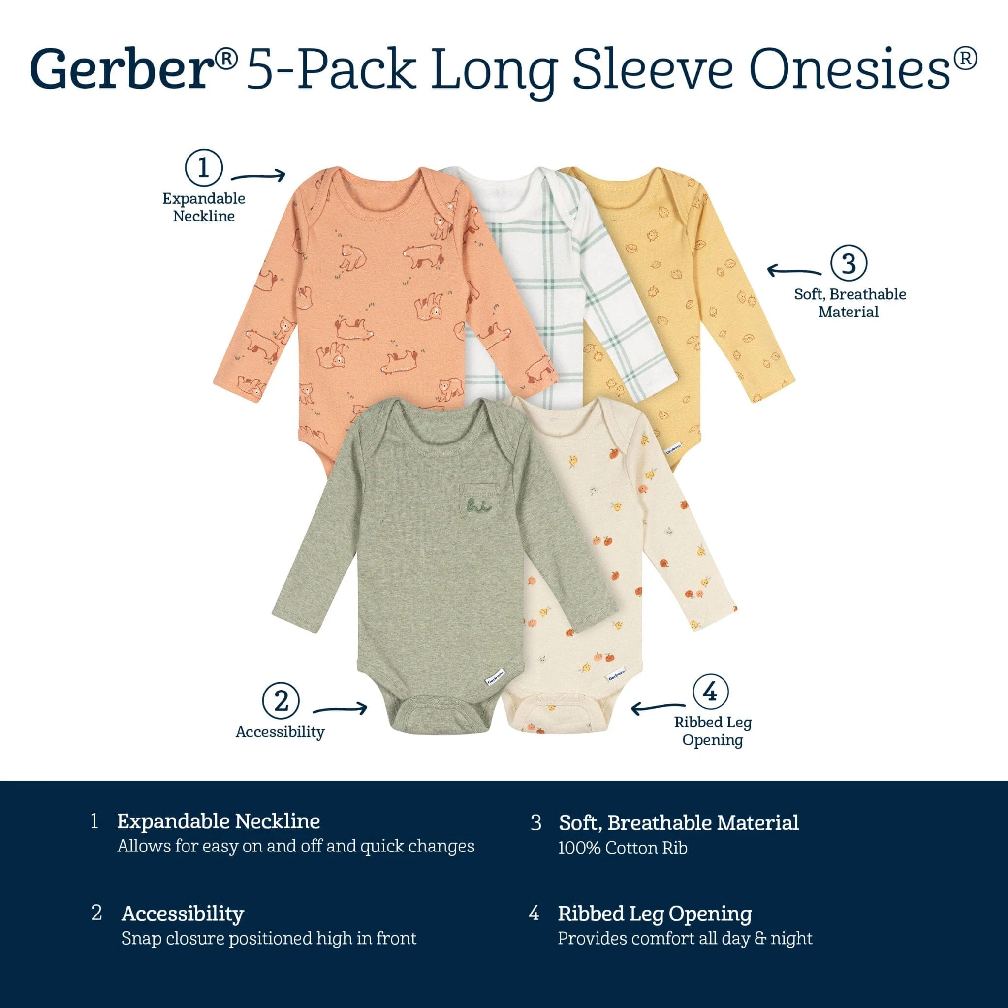 5-Pack Baby Neutral Fall Feels Long Sleeve Bodysuits - Image 8