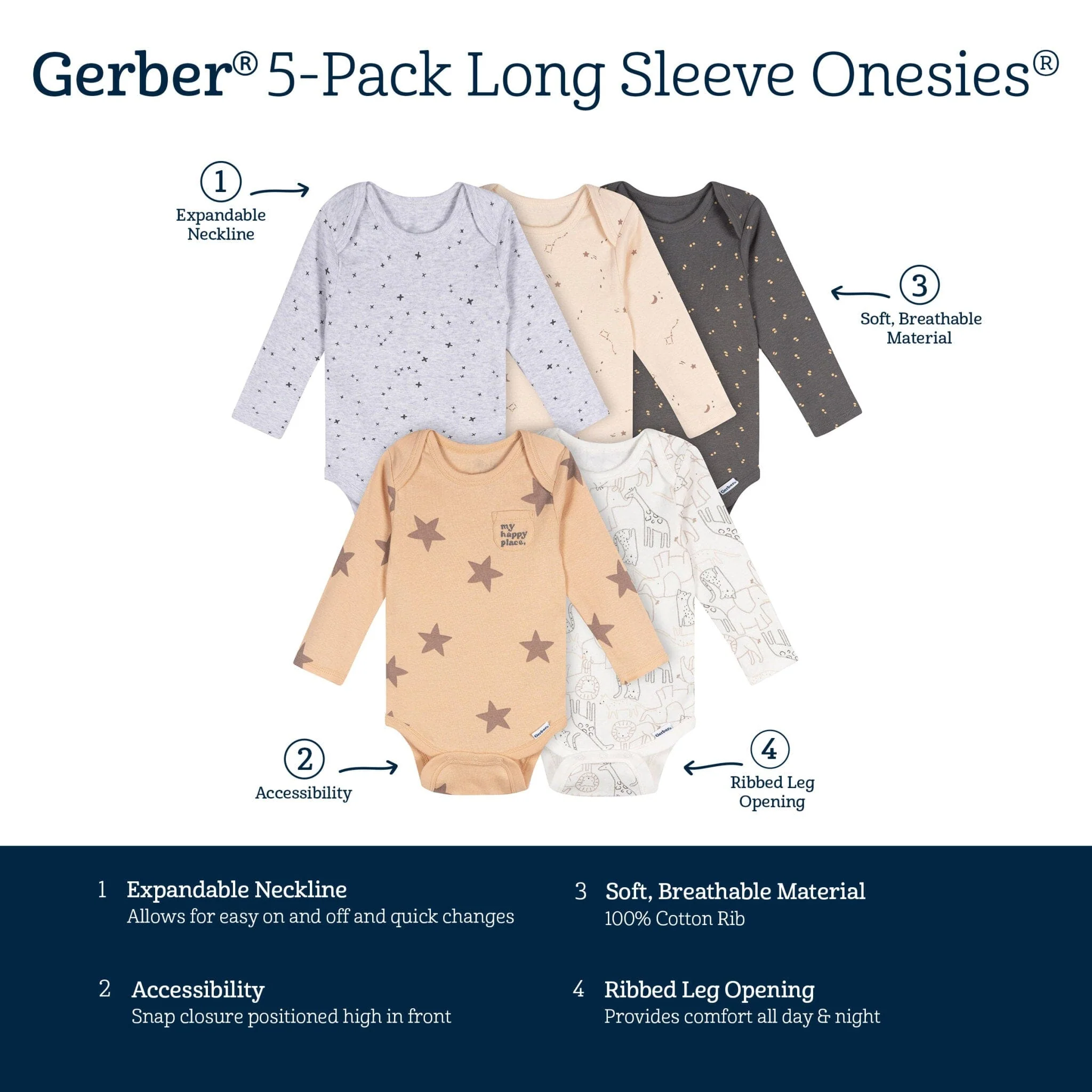 5-Pack Baby Neutral Stars Long Sleeve Bodysuits - Image 8