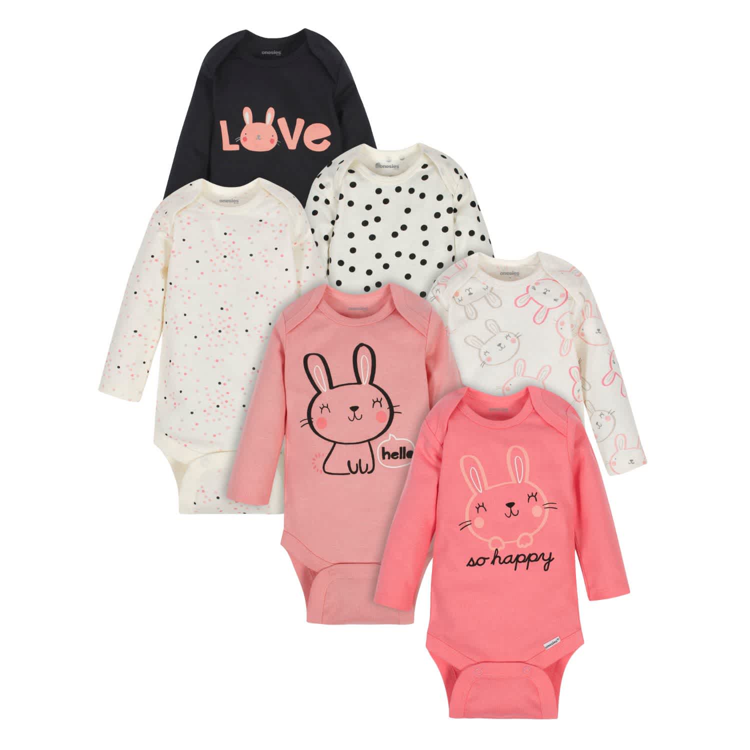 6-Pack Baby Girls Bunny Long Sleeve OnesiesĀ® Brand Bodysuits