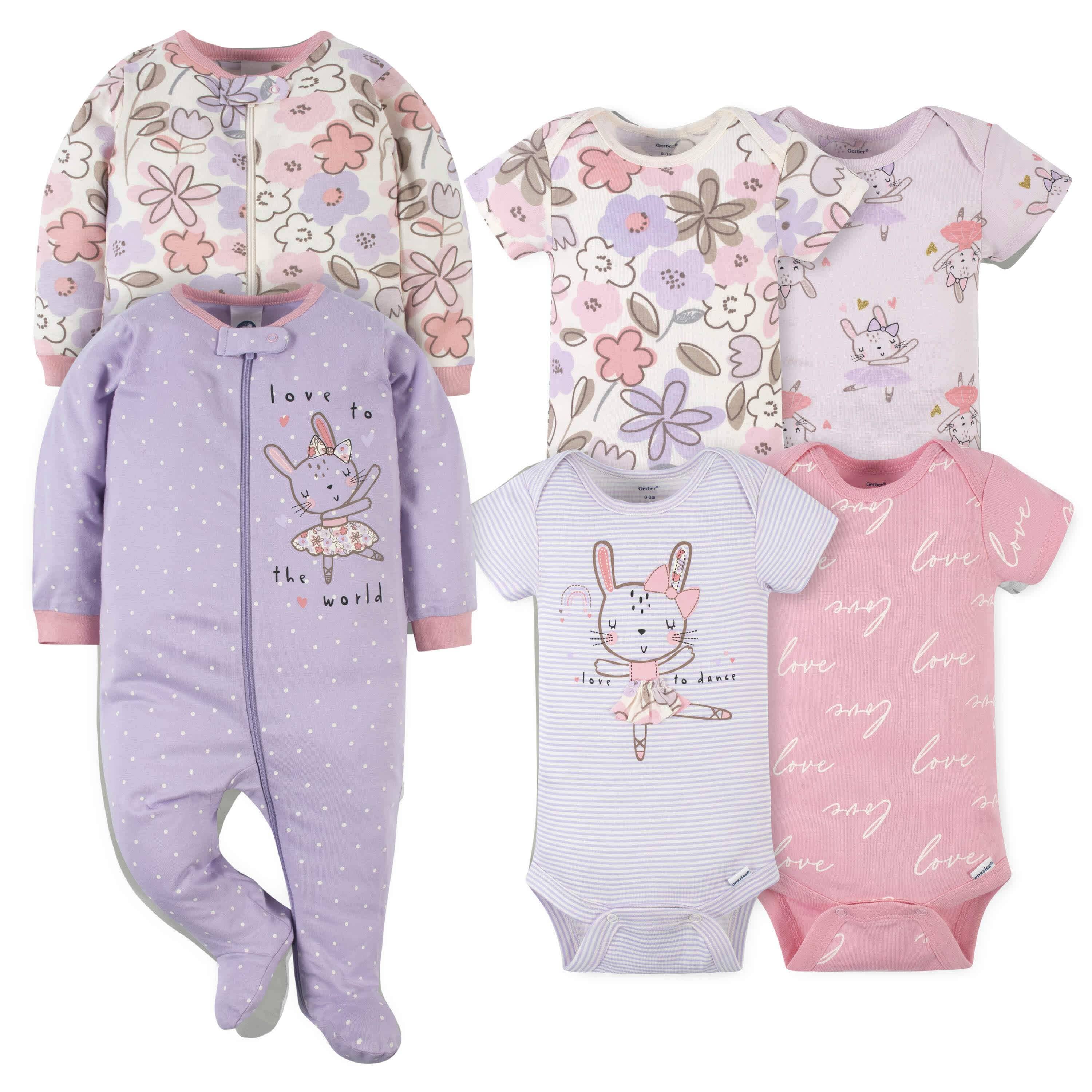 6-Piece Baby Girls Bunny Ballerina OnesiesĀ® Bodysuit and Sleep 'N Play Set