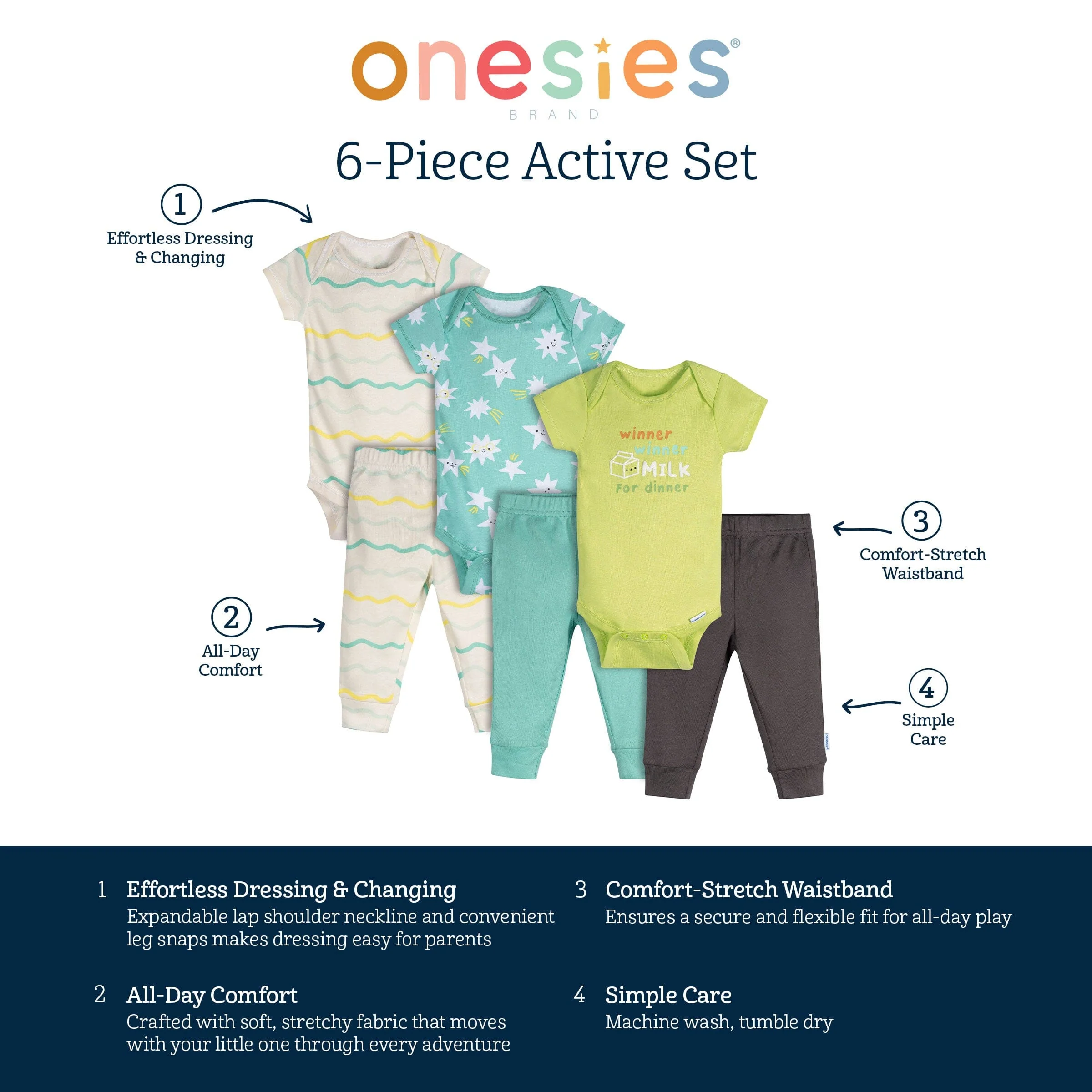 6-Piece Baby Neutral Milk Dinner Onesies® and Active Pant Set - Image 9