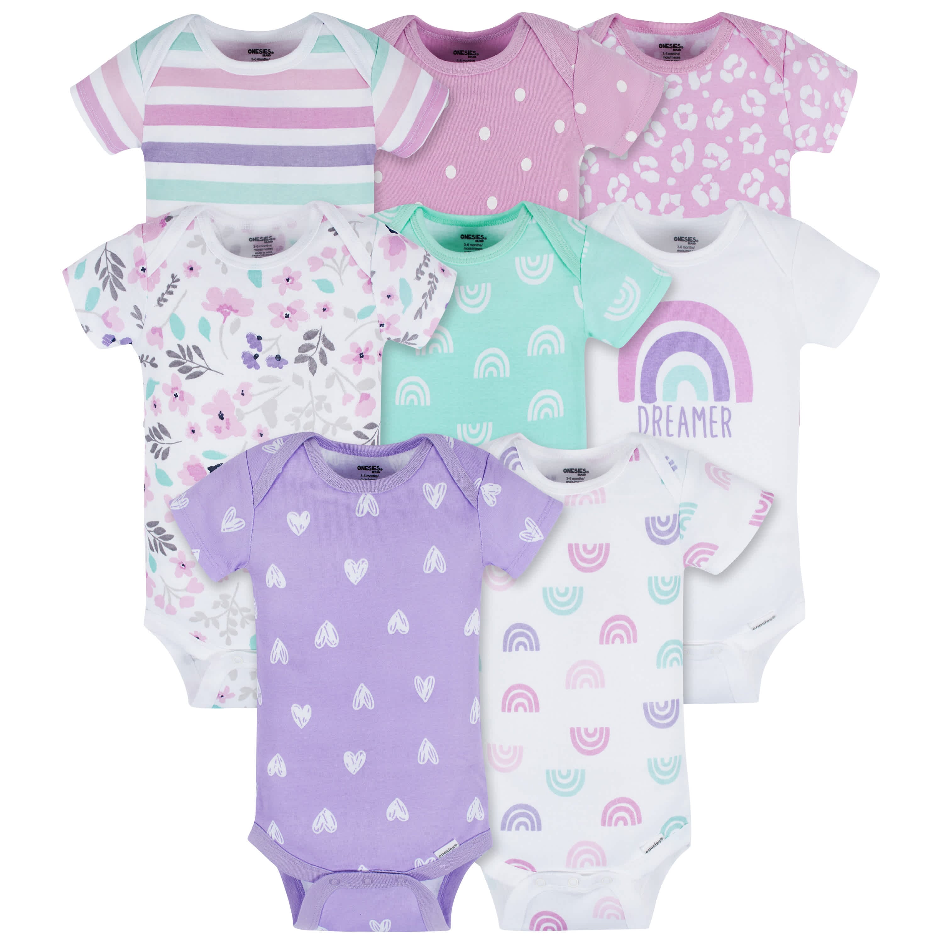 8-Pack Baby Girls Rainbow Floral Short Sleeve Onesies® Bodysuits