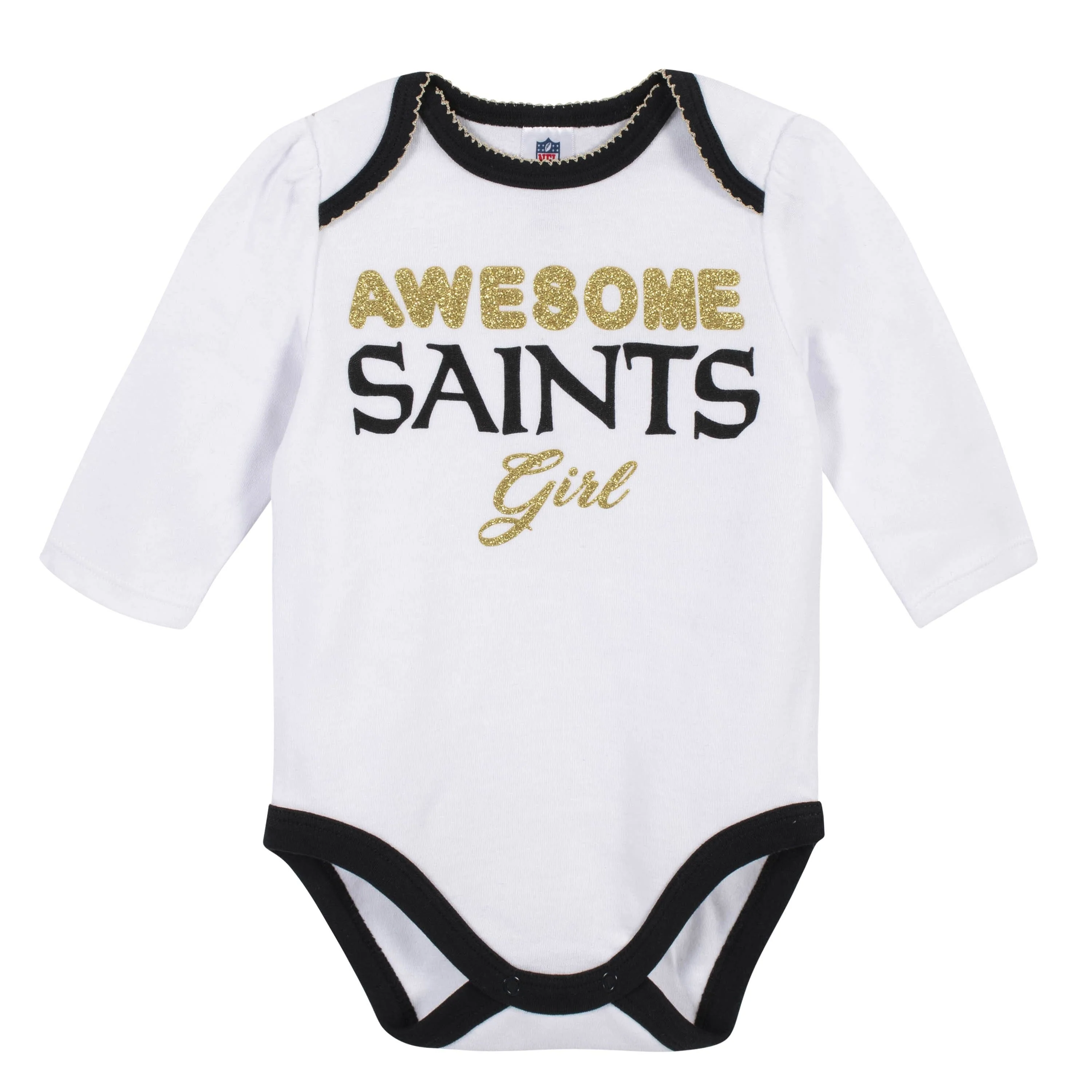 Baby Girls New Orleans Saints 3-Piece Bodysuit, Footed Pant, and Cap Set - Image 2