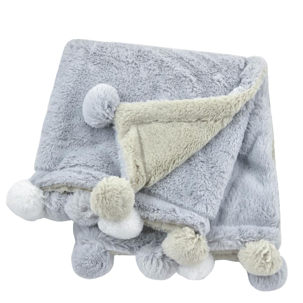 Embroidered Cuddle Plush Pom Pom Blanket in Grey - Image 2