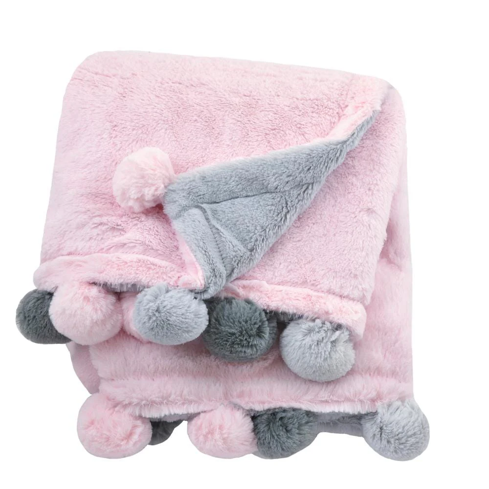 Embroidered Cuddle Plush Pom Pom Blanket in Pink - Image 2