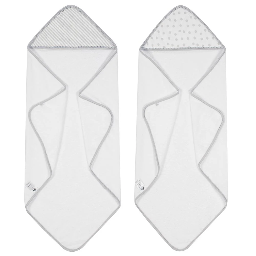 Embroidered 2-Pack Baby Neutral Gray Stripes & Dots Hooded Towels