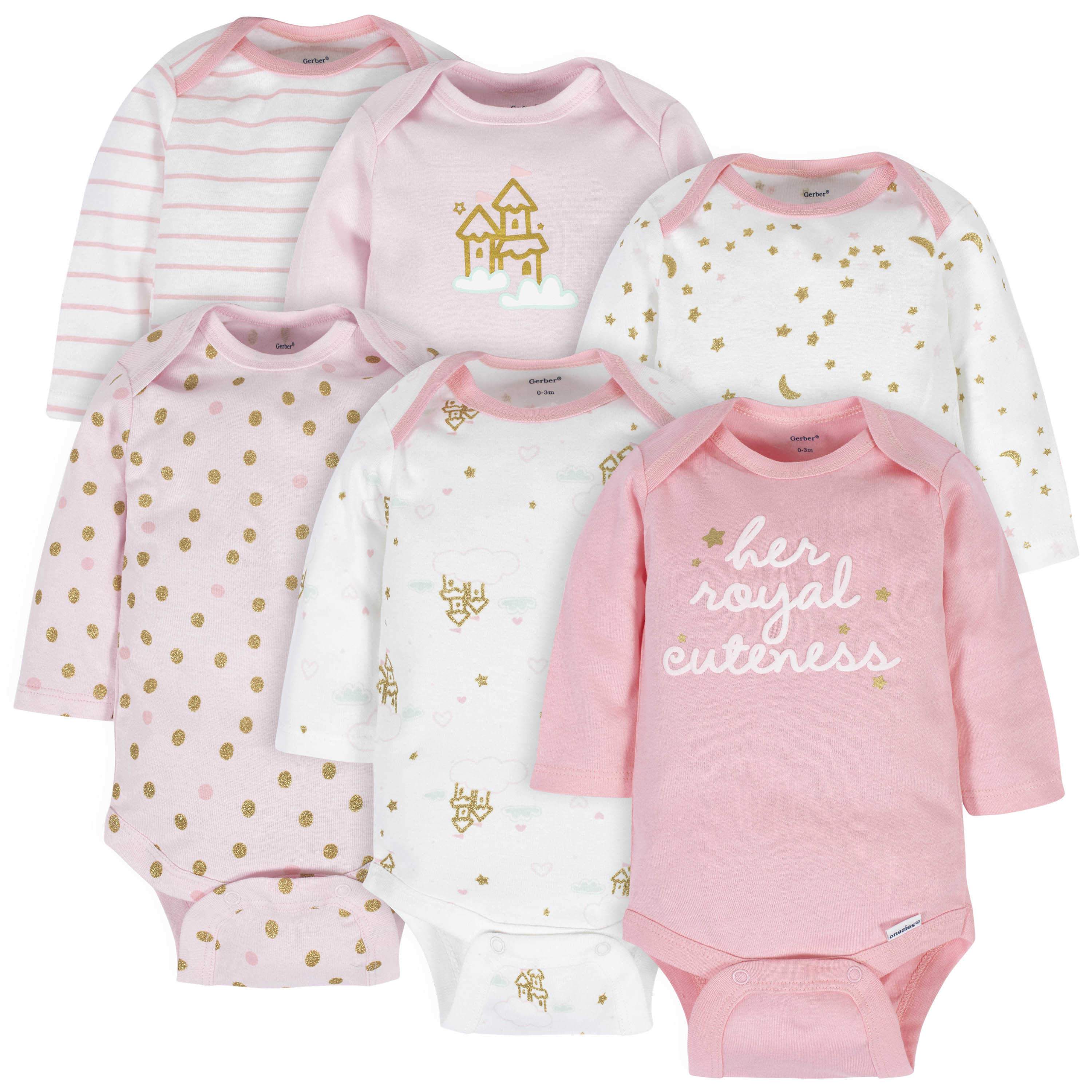 6-Pack Baby Girls Castle Long Sleeve Onesies® Bodysuits