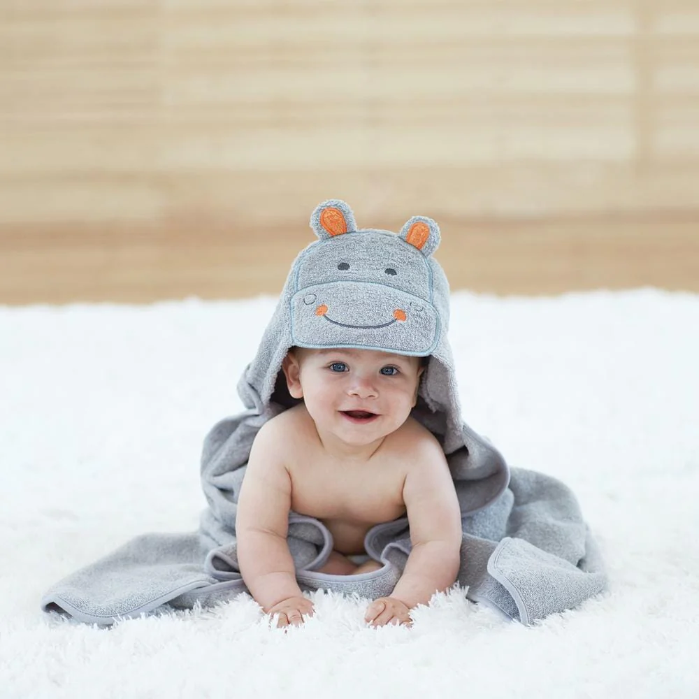 Embroidered Grey Hippo Hooded Bath Wrap - Image 2